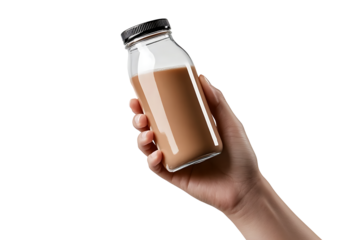 Hand holding Chocolate in bottle Isolated on a transparent background, High quality PNG file