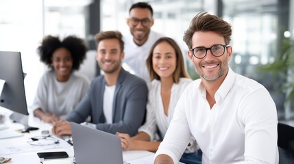 Fototapeta premium A group of five smiling professionals poses together in a modern office, showcasing teamwork and collaboration.