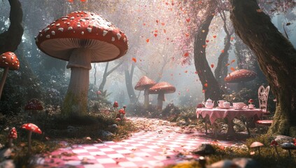 Enchanted forest tea party.  A whimsical scene in a mystical forest.  Mushrooms, a checkered path, and a tea table invite visitors to a magical tea party