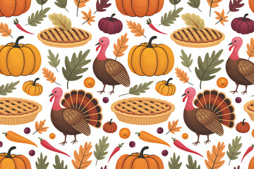 Thanksgiving Festive Pattern: Turkeys, Pumpkins, Pies, and Autumn Leaves