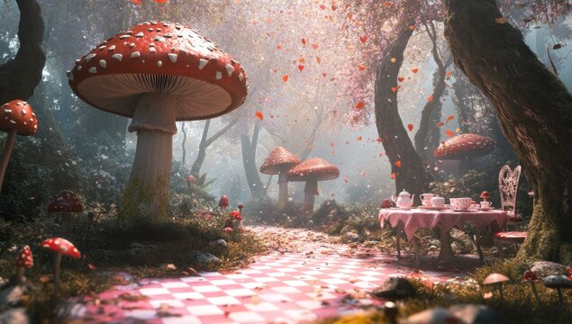 Enchanted forest tea party.  A whimsical scene in a mystical forest.  Mushrooms, a checkered path, and a tea table invite visitors to a magical tea party