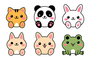 Fototapeta premium Adorable Kawaii Animals Collection: Cute Cat, Panda, Bunny, and Frog Illustrations