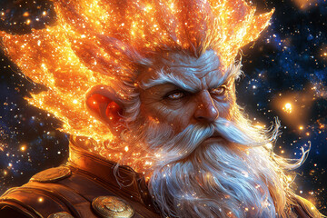 A fiery, cosmic figure with glowing hair and beard, exuding power and majesty, set against a starry backdrop.