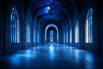 Fototapeta premium Mysterious gothic corridor with starry night seen through windows