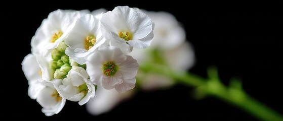 Fototapeta premium Captivating close up of delicate white alyssum flowers against a stark black background creating a sense of elegance and purity