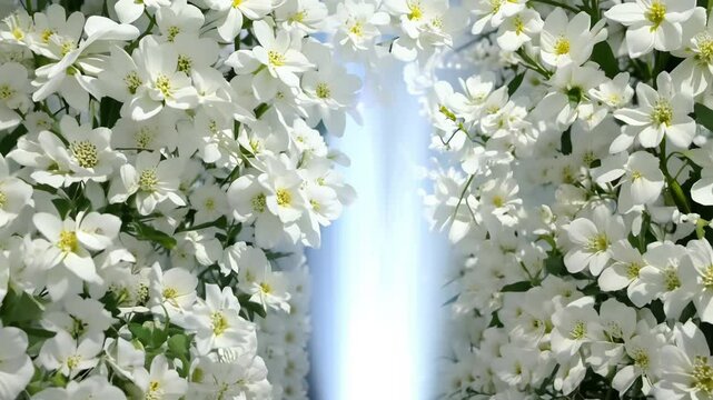 Zoom out and tilt down video on a wall of pure white stephanotis, tightly packed, no spaces, cool white spot beam highlights