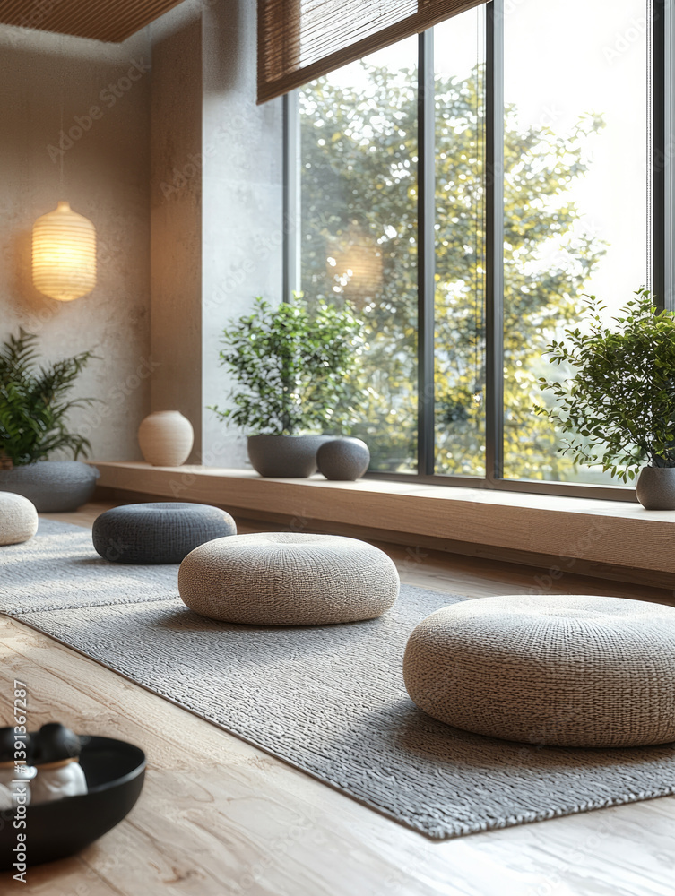 Aufkleber serene spa interior featuring round cushions on textured rug, surrounded by greenery and natural lig