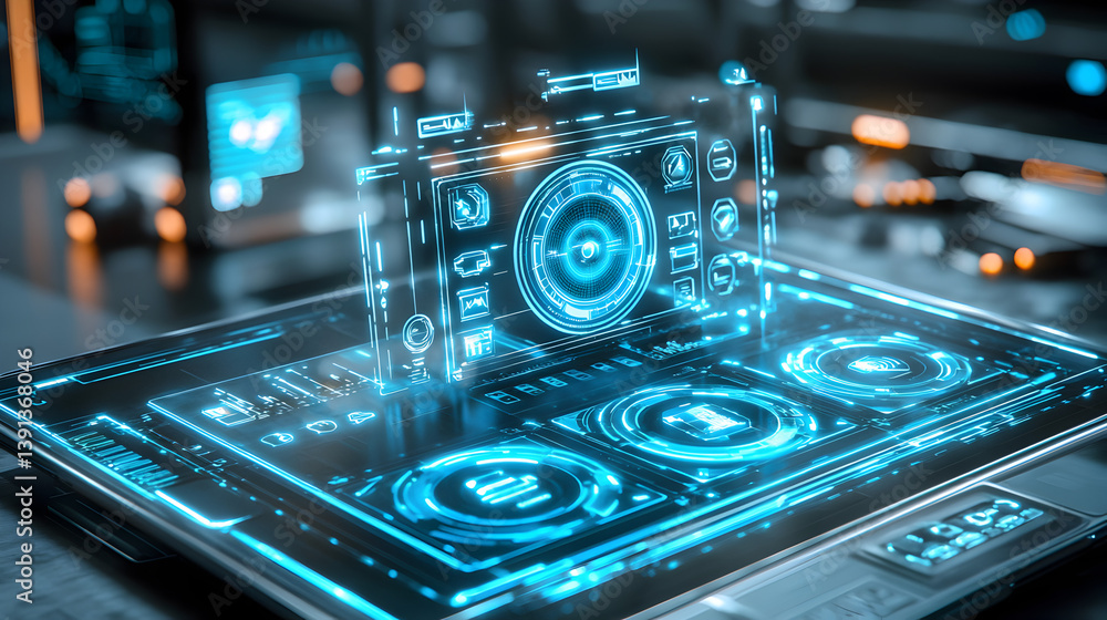 Poster innovative technology display futuristic workspace digital interface modern environment close-up vie