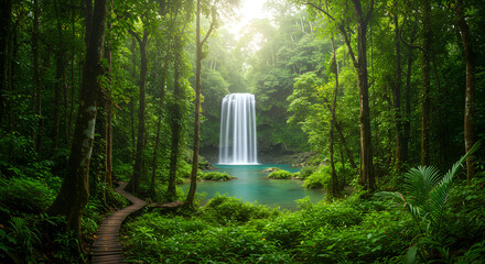 Tranquil waterfall in a lush rainforest with a wooden path leading through dense greenery to the turquoise water below.