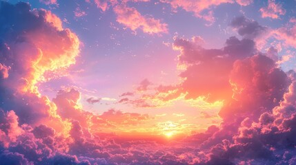 Fototapeta premium Vibrant sunset cloudscape, aerial view, dreamy sky, background design