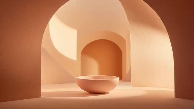 Minimalist Architectural Scene with Bowl in Warm Tones, Creative Product Display, Empty Room, Modern Interior