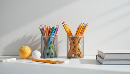 Obraz premium Artistic arrangement featuring pencils, colored pencils, books, and yarn balls