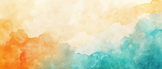 Abstract summer watercolor background in soft blues, oranges, and sandy beige tones, artistic and modern