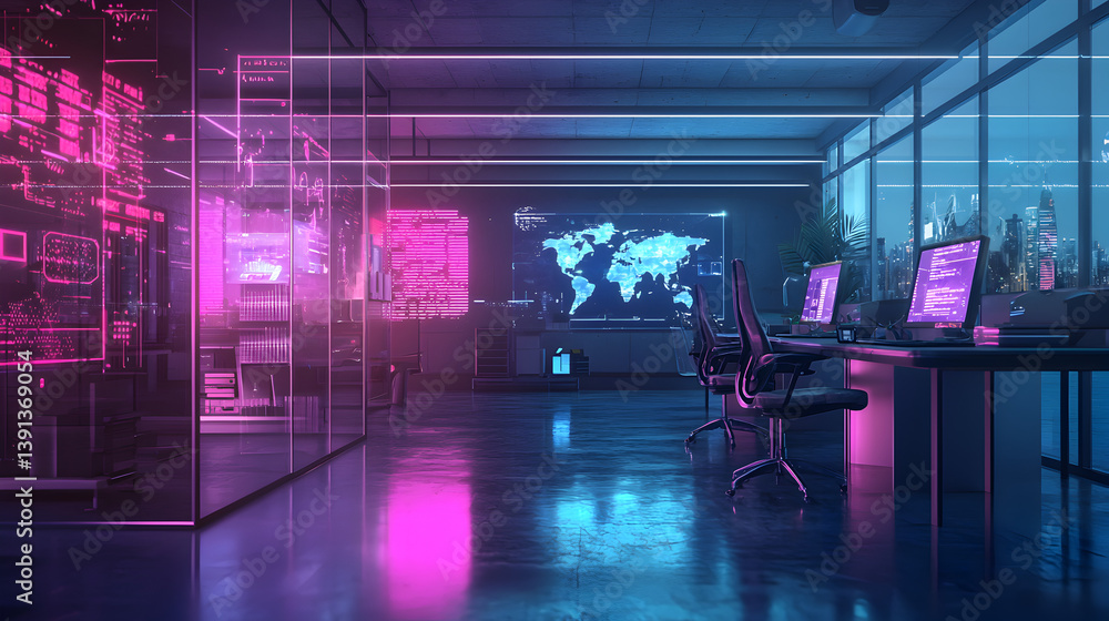 Poster cybersecurity operations center high-tech office digital environment futuristic view data protection