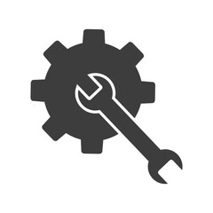 wrench and gear icon. Maintainance icons in solid black and white collection. 