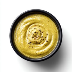 Creamy mustard sauce with pepper in a black bowl on a white surface food photography studio shot close up top view bright light healthy ingredient