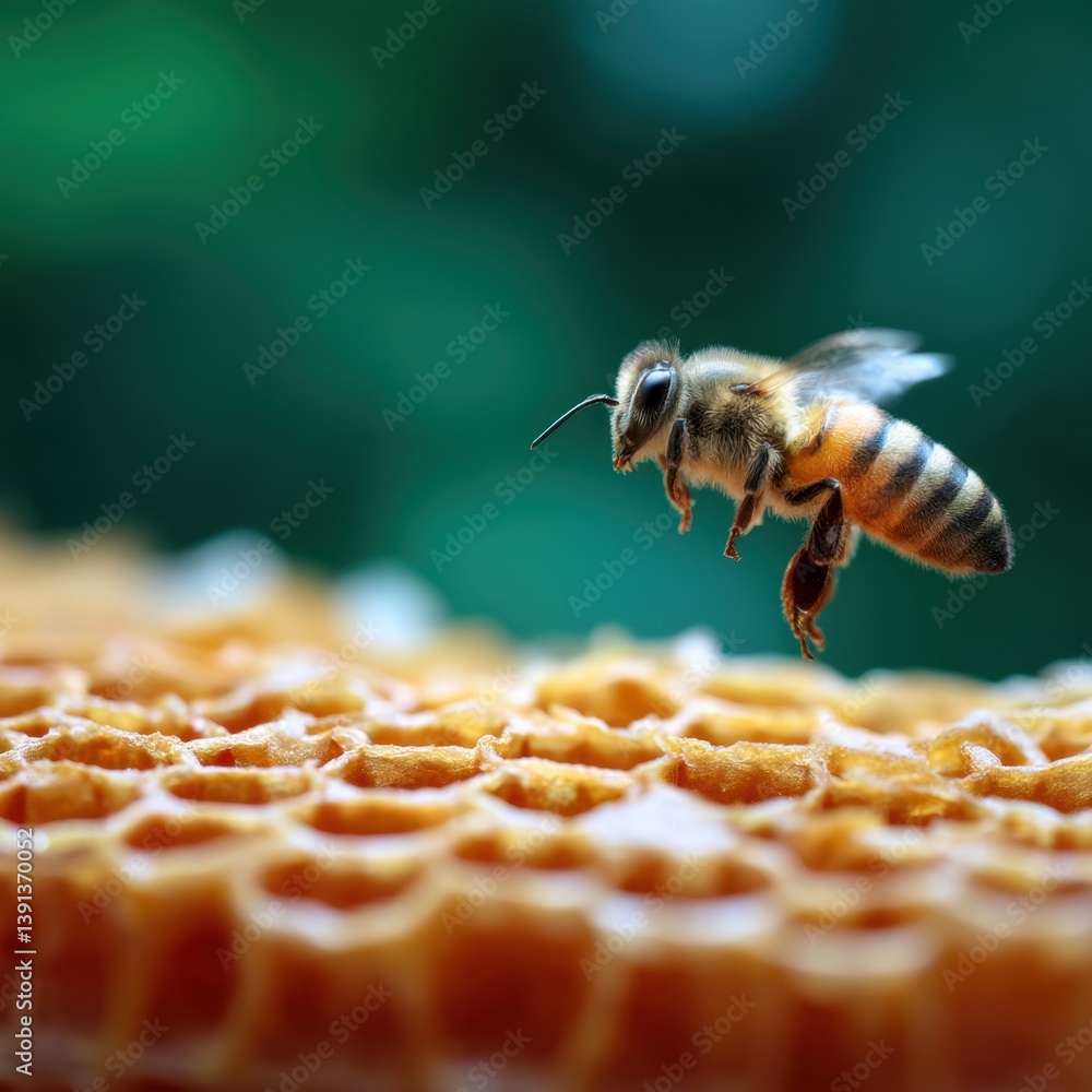 Poster honeybee in flight above honeycomb frame capturing the essence of nature and apiculture with natural