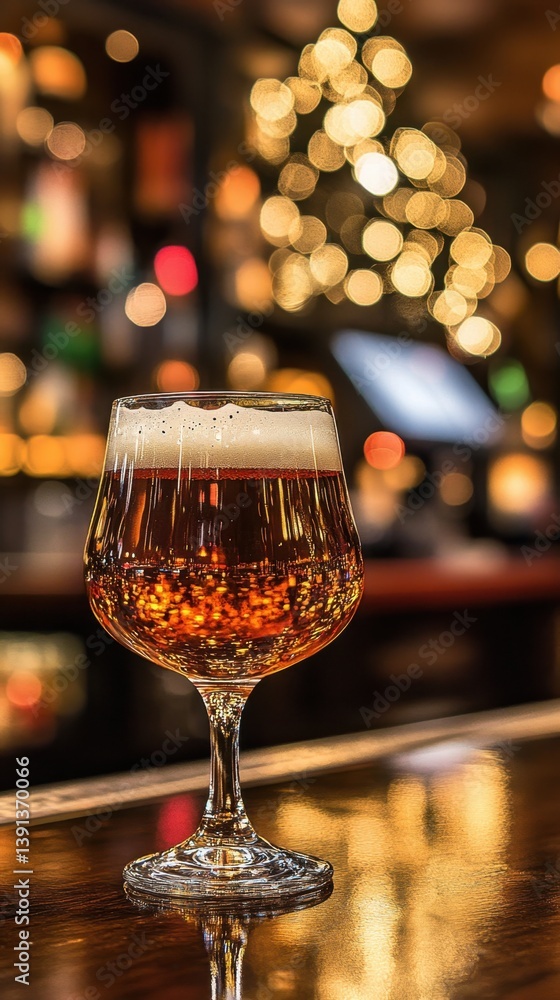 Poster elegant craft beer in a tulip glass on a polished bar top with a bokeh background creating a warm an