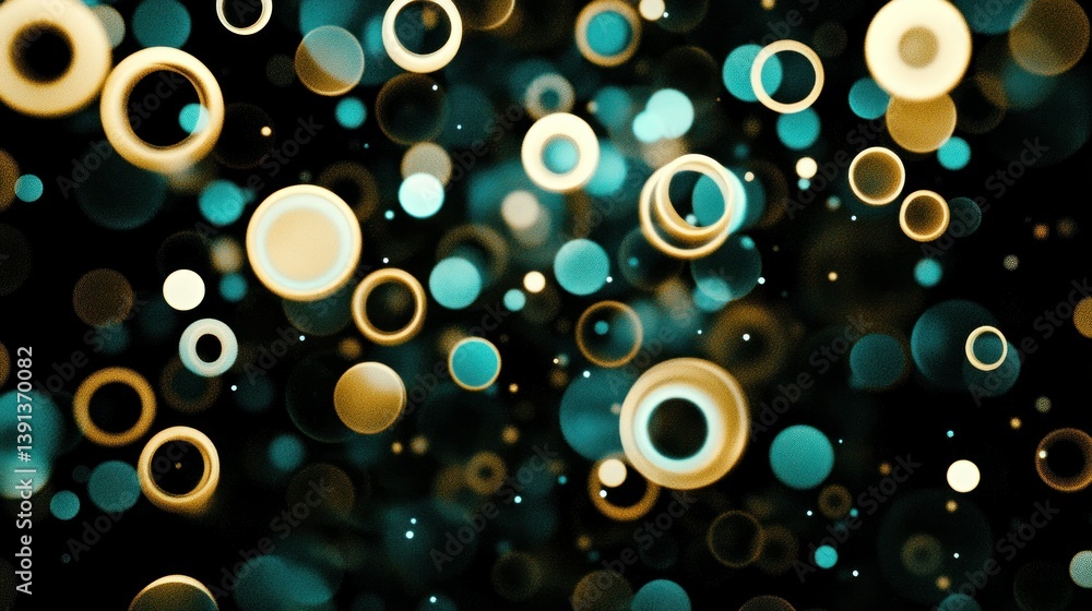 Poster various sized colored circles float and overlap on black background
