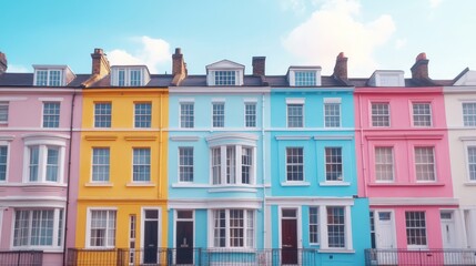 Fototapeta premium Colorful terraced houses, sunny city street, blue sky, travel blog, real estate
