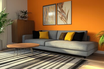 Modern living room with orange accent wall and gray sofa