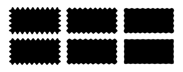 Wavy jagged edge frames. Black vector stamp or stickers. Wiggly zigzag photo frame containers. Set of horizontal curvy serrated rectangles. Squiggle line rectangular box designs. Scallop figure bg