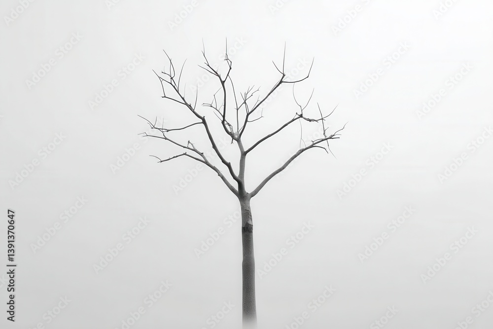 Poster solitary bare tree in monochrome against a soft white background creating a minimalist and peaceful 