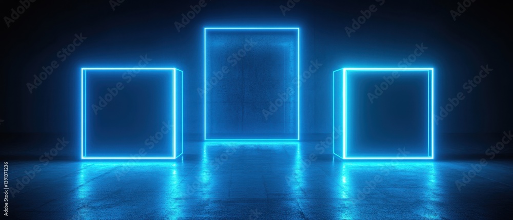 Poster abstract futuristic scene with glowing blue neon square frames on a reflective concrete floor modern