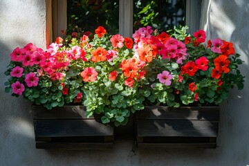 Calibrchoa flowers growing in window box under a window