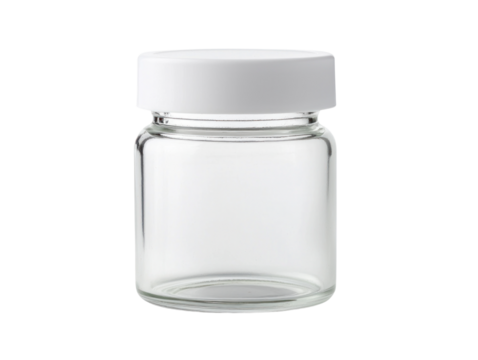 Empty glass jar with white lid studio product photography cutout background minimalistic style