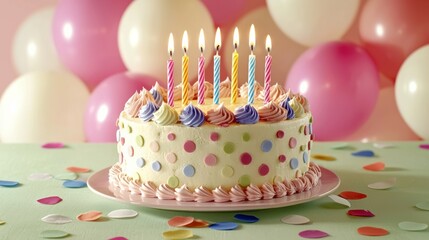 Birthday celebration cake with colorful candles and balloons festive atmosphere indoor party setting