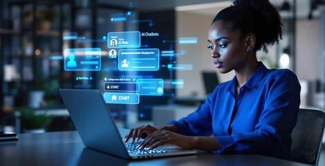 Woman working on a laptop with floating AI chatbot interface holograms, creative digital style, indoor office background, concept of futuristic technology. Ai generative