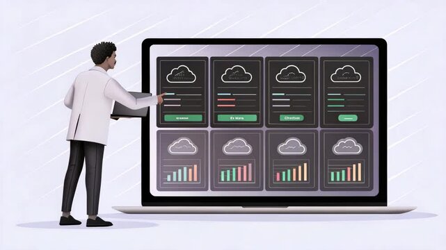 Cloud computing concept. A person examining data on a large laptop screen featuring cloud graphics and various statistical charts.