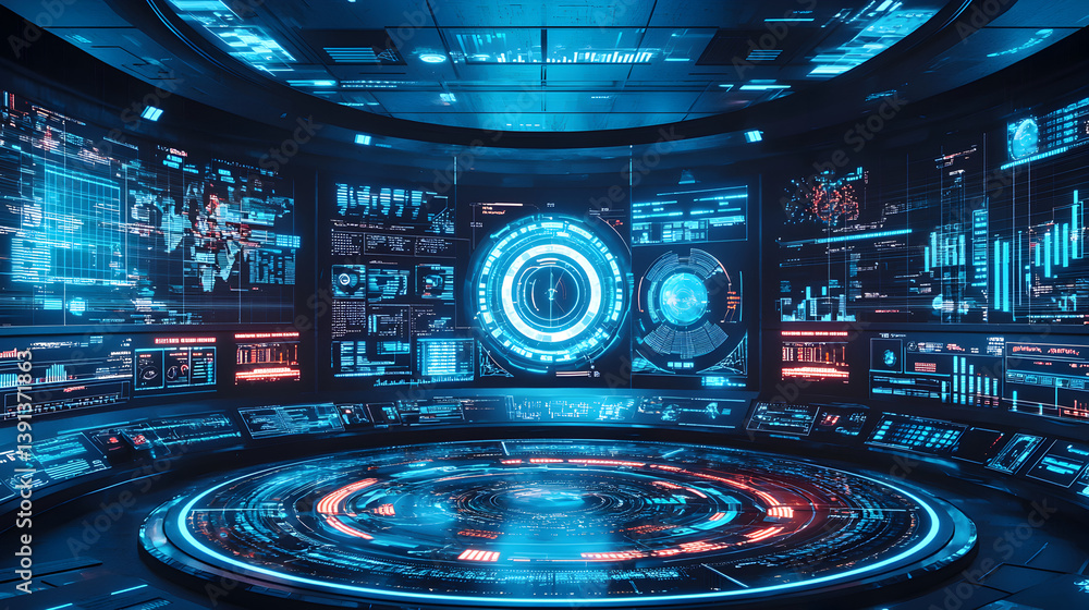 Poster futuristic control room simulation high-tech environment digital dashboard sci-fi aesthetic virtual 