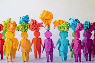 Colorful paper figures, representing a group of people, with crumpled paper thoughts and a lightbulb idea