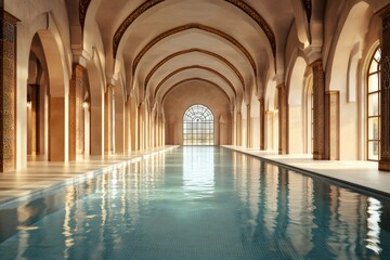 Luxurious indoor swimming pool in arabic palace with columns and arches