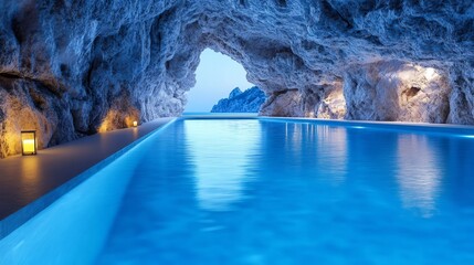 Plakat Luxury pool inside a cave overlooking the sea at sunset