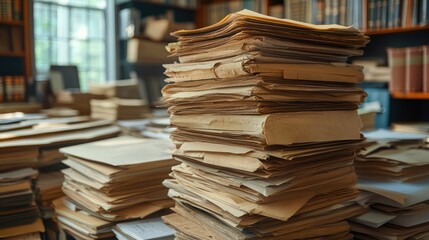 Obraz premium Library archive; towering aged documents; research; background stacks; historical study