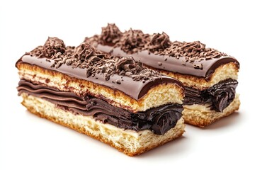 A realistic photo of Chocolate Éclair Cake, hyper-realistic, isolated on white