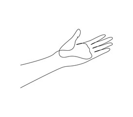 One line drawing of human left hand with empty open palm in editable stroke.