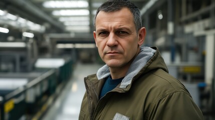 Obraz premium Factory worker portrait, serious expression, industrial background, manufacturing process