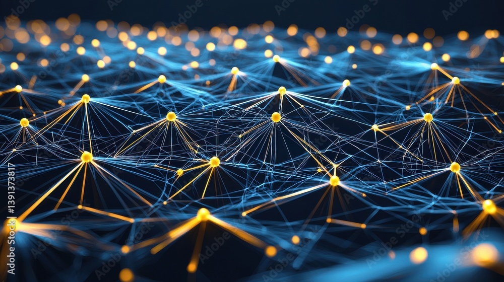 Poster abstract connection network with bright nodes and wireframe structure