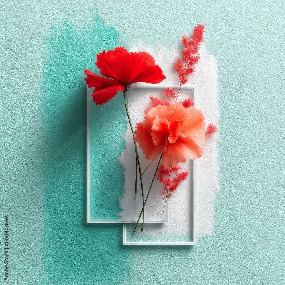 Poster floral arrangement with geometric frames on textured aqua background for artistic display and decora