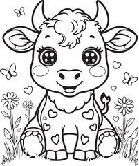 Cute Sitting Cow in a Whimsical Flower Field