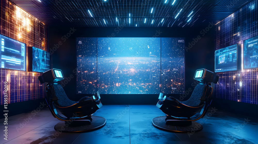 Poster exploring futuristic technology virtual reality experience in high-tech lab immersive environment di