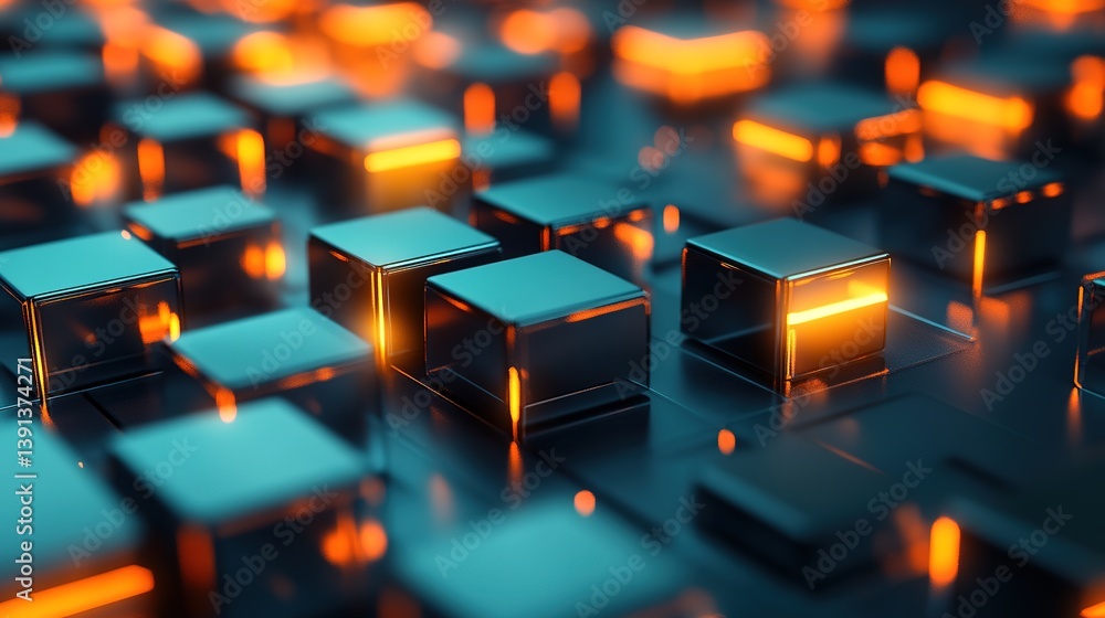 Poster a 3d rendering pattern with futuristic glowing cubes.
