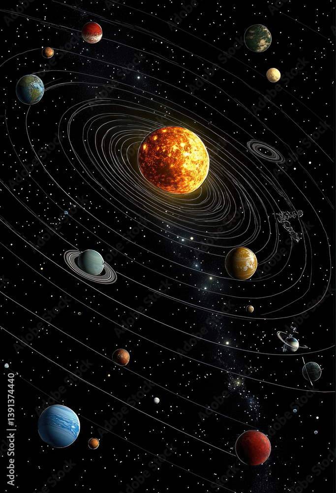 Poster solar system features vibrant sun its center, surrounded by various planets, each with unique colors