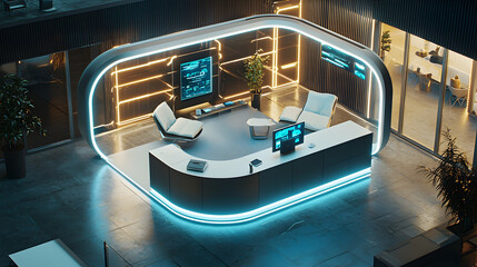 Obraz premium Innovative office design showcasing modern workstation contemporary workspace digital environment aerial view futuristic concept