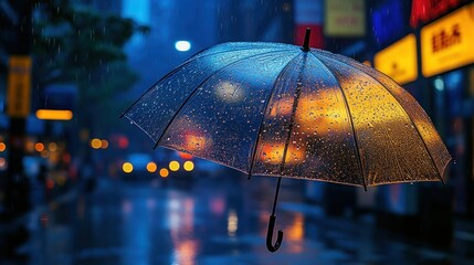 Serene urban rainfall scene with a translucent umbrella reflecting city lights