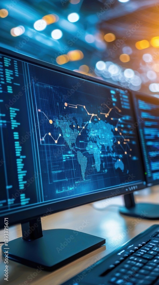 Poster advanced data visualization on computer monitors in modern workspace